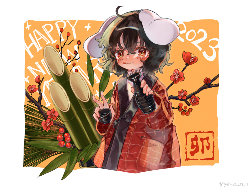 1girl 2023 :q ahoge alcohol alternate_costume animal_ears bamboo bangs black_hair blush bottle branch choko_(cup) closed_mouth coat commentary_request cowboy_shot crossed_bangs cup flat_chest floppy_ears flower hair_between_eyes happi happy_new_year highres holding holding_bottle holding_cup inaba_tewi japanese_clothes kadomatsu looking_at_viewer pink_flower rabbit_ears rabbit_girl red_coat red_eyes sake short_hair solo tokkuri tongue tongue_out touhou wavy_hair zhu_xiang