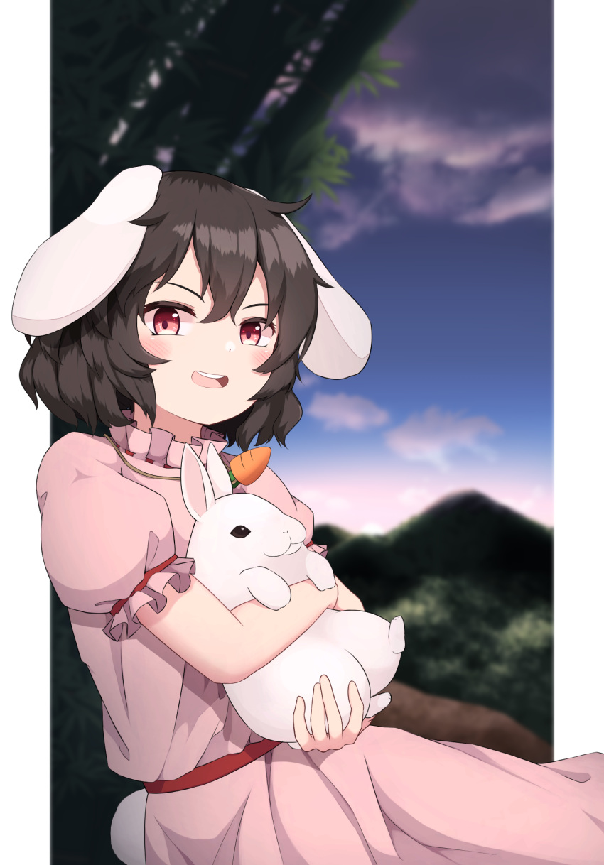 1girl animal_ears bamboo bangs black_hair blue_sky carrot_necklace cloud commentary cowboy_shot dress english_commentary flat_chest floppy_ears frilled_sleeves frills highres holding_bunny inaba_tewi jewelry looking_at_viewer mashirohiyuki mountainous_horizon necklace open_mouth outdoors pink_dress puffy_short_sleeves puffy_sleeves rabbit rabbit_ears rabbit_girl rabbit_tail red_eyes red_sash round_teeth sash short_hair short_sleeves sky smile solo tail teeth touhou
