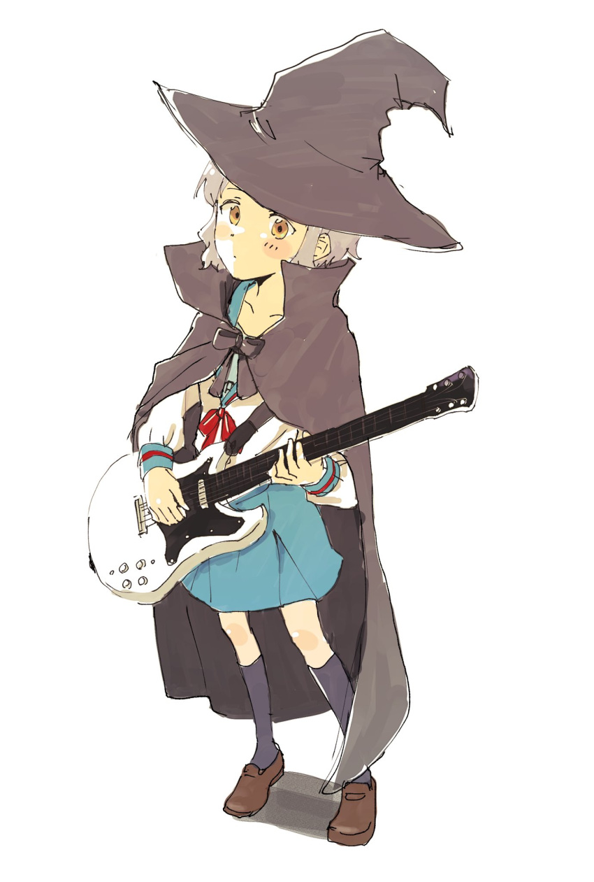 1girl black_cape black_headwear blue_skirt blush brown_footwear cape collarbone commentary cosplay dot_mouth expressionless grey_hair guitar hat highres holding holding_instrument idolmaster idolmaster_million_live! instrument iori_(mu_tairiku_iori) kita_high_school_uniform long_sleeves looking_at_viewer makabe_mizuki miniskirt nagato_yuki nagato_yuki_(cosplay) over-kneehighs school_uniform shirt shoes short_hair sidelocks skirt solo standing suzumiya_haruhi_no_yuuutsu thighhighs wavy_hair white_background white_shirt winter_uniform witch_hat yellow_eyes