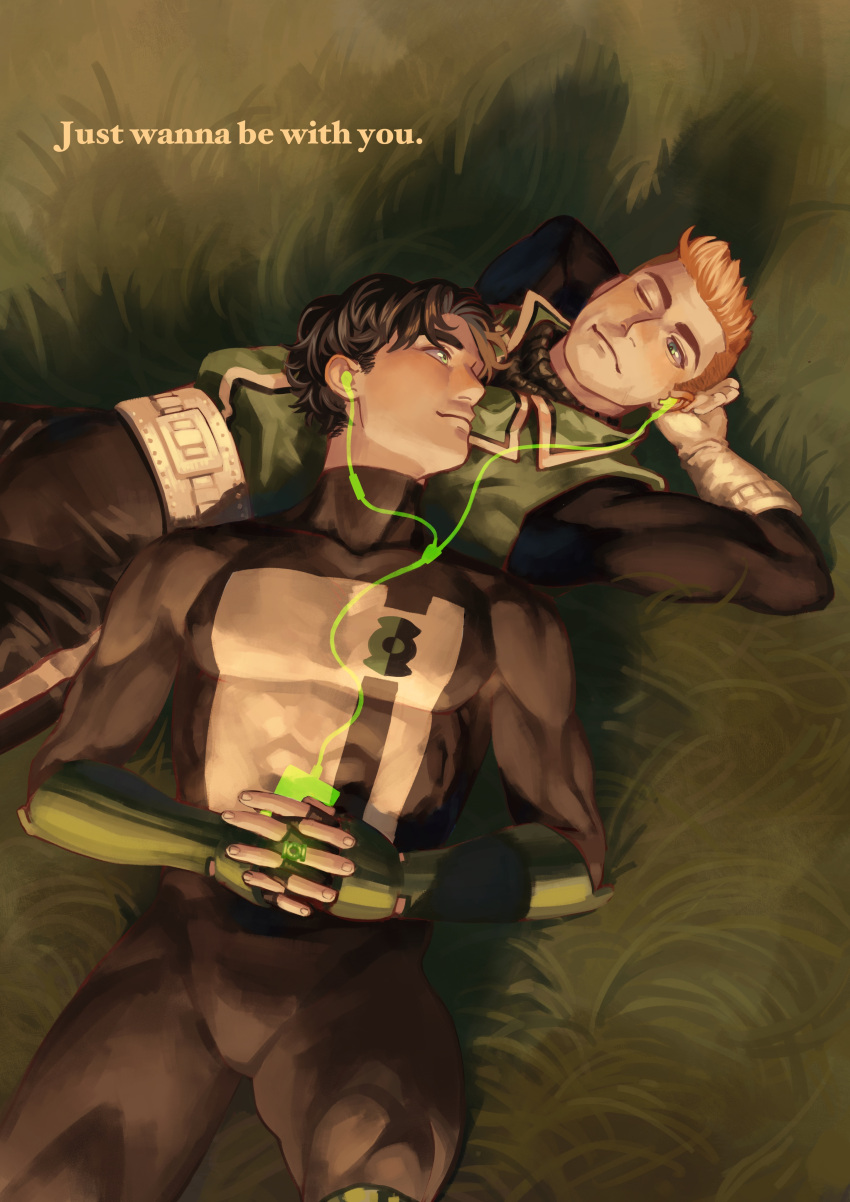 2boys absurdres belt black_bodysuit black_hair bodysuit closed_mouth day_dream dc_comics earphones english_text fingerless_gloves gloves green_bodysuit green_eyes green_gloves green_lantern green_lantern_(series) green_vest guy_gardner highres kyle_rayner large_pectorals looking_at_another lying lying_on_person male_focus multicolored_bodysuit multicolored_clothes multiple_boys muscular muscular_male on_back one_eye_closed orange_hair outdoors pectorals phone shared_earphones short_hair smile vest white_belt white_bodysuit white_gloves yaoi