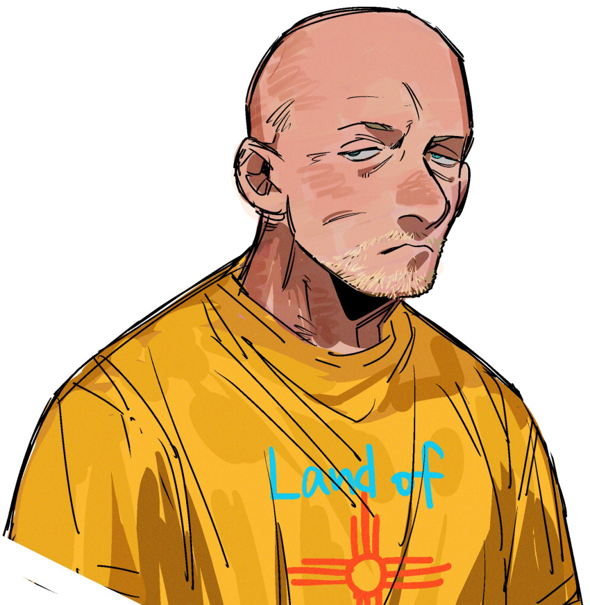 1boy animification bald blue_eyes breaking_bad clothes_writing facial_hair frown goatee highres looking_to_the_side ma2_ereki male_focus mike_ehrmantraut portrait shirt solo stubble t-shirt white_background yellow_shirt