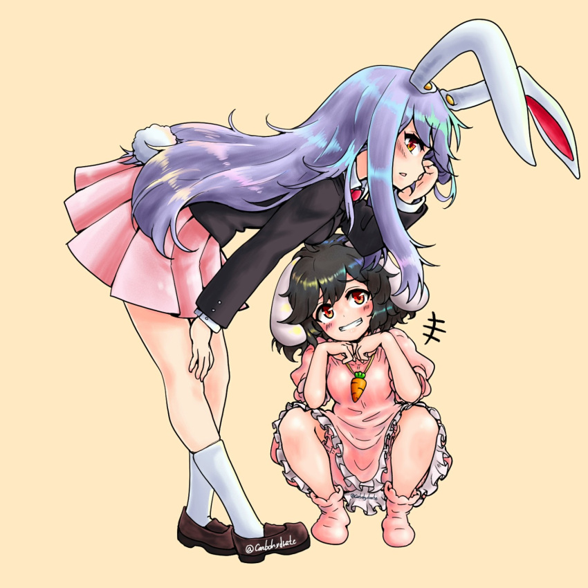 +++ 2girls ahoge animal_ears bangs black_hair black_jacket blazer blush breasts brown_footwear carbohydrate_(asta4282) carrot_necklace chinese_zodiac collared_shirt commentary_request dress floppy_ears frilled_dress frills full_body grin hand_on_own_knee highres inaba_tewi jacket jewelry leaning_forward loafers long_hair long_sleeves looking_at_viewer medium_breasts messy_hair multiple_girls necklace necktie pink_dress pink_skirt pink_socks pleated_skirt profile puffy_short_sleeves puffy_sleeves purple_hair rabbit_ears rabbit_girl rabbit_tail red_eyes red_necktie reisen_udongein_inaba shirt shoes short_hair short_sleeves simple_background skirt smile socks squatting tail touhou twitter_username very_long_hair white_shirt year_of_the_rabbit yellow_background