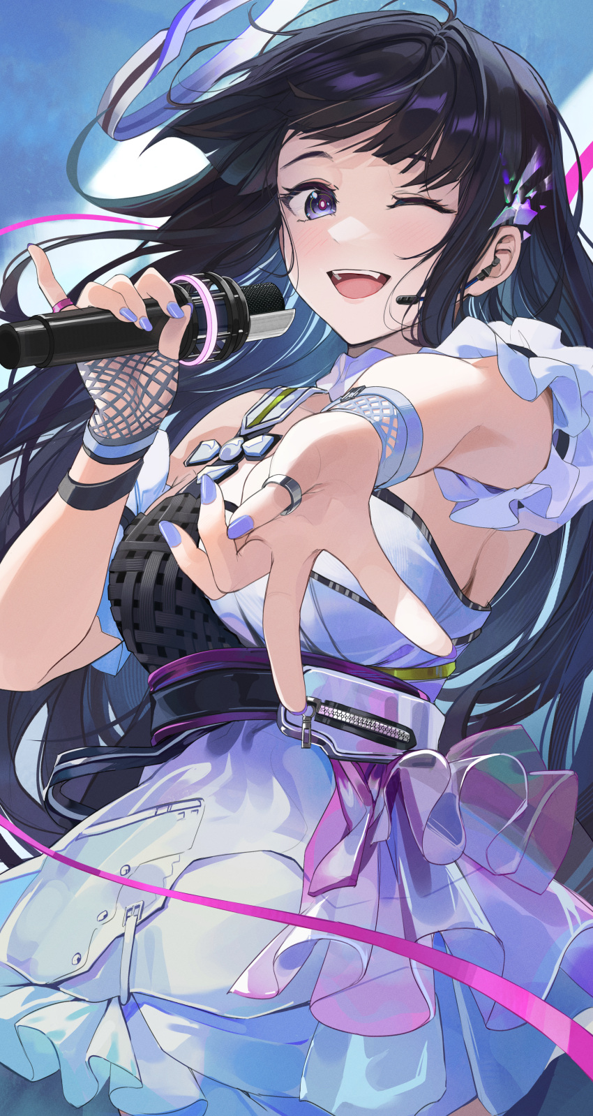 1girl absurdres bangs bare_shoulders black_hair blue_eyes blush breasts dress furizuu20 girls'_frontline girls'_frontline_neural_cloud hair_ornament halo highres holding holding_microphone idol jewelry large_breasts long_hair looking_at_viewer microphone nail_polish nanaka_(girls'_frontline_nc) one_eye_closed open_mouth purple_nails ring smile solo white_dress