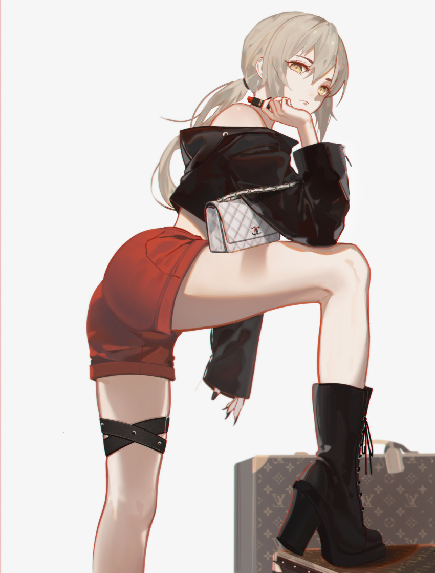1girl absurdres artoria_pendragon_(fate) bag blonde_hair boots cosmetics fate/grand_order fate_(series) handbag high_heel_boots high_heels highres holding holding_lipstick_tube jacket leather leather_jacket lipstick_tube long_hair looking_at_viewer nilzynox ponytail red_shorts saber_alter saber_alter_(ver._shinjuku_1999)_(fate) shorts solo suitcase yellow_eyes