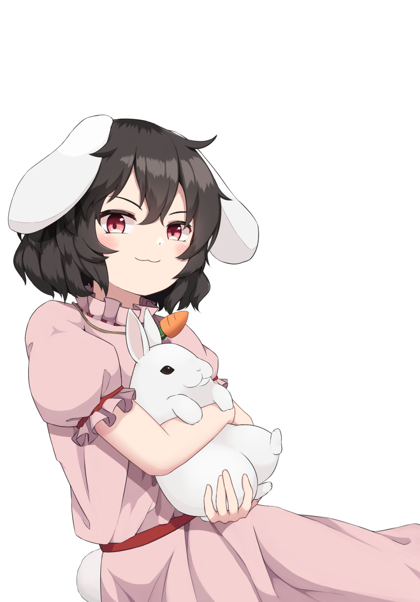 1girl :3 animal_ears bangs black_hair carrot_necklace closed_mouth commentary cowboy_shot dress english_commentary flat_chest floppy_ears frilled_sleeves frills highres holding_bunny inaba_tewi jewelry looking_at_viewer mashirohiyuki necklace pink_dress puffy_short_sleeves puffy_sleeves rabbit rabbit_ears rabbit_girl rabbit_tail red_eyes red_sash sash short_hair short_sleeves simple_background smile solo tail touhou white_background