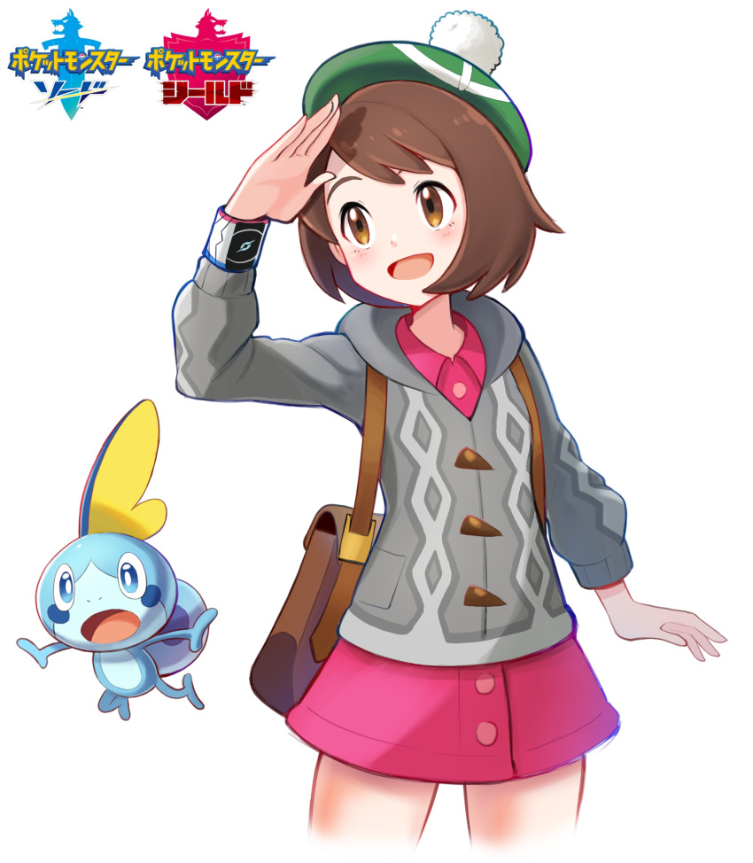 1girl :d arm_up backpack bag bangs blush bob_cut brown_bag brown_eyes brown_hair buttons cable_knit cardigan collared_dress commentary_request dress gloria_(pokemon) green_headwear grey_cardigan hat highres hooded_cardigan mr.thunderigor open_mouth pink_dress pokemon pokemon_(creature) pokemon_(game) pokemon_swsh short_hair simple_background smile sobble tam_o'_shanter white_background