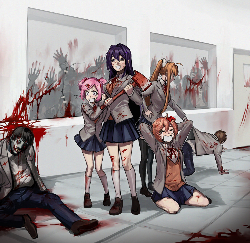 &gt;_&lt; 2boys 4girls absurdres all_fours alternate_universe axe blank_eyes blood blood_on_clothes blue_pants blue_skirt breasts brown_footwear collared_shirt colored_skin commentary crying doki_doki_literature_club english_commentary fang green_skin grey_jacket hair_intakes highres holding holding_axe jacket long_hair ma2_ereki medium_breasts monika_(doki_doki_literature_club) multiple_boys multiple_girls natsuki_(doki_doki_literature_club) neck_ribbon open_mouth pants parted_lips pink_hair ponytail protagonist_(doki_doki_literature_club) red_ribbon ribbon sayori_(doki_doki_literature_club) scared school_uniform shirt shoes short_hair sidelocks skirt small_breasts smile socks streaming_tears tears very_long_hair white_shirt white_socks window yuri_(doki_doki_literature_club) zombie