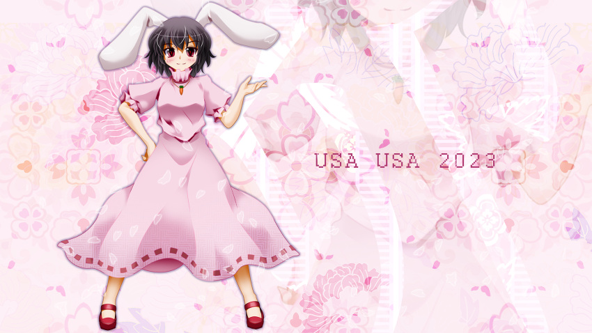 1girl 2023 animal_ears bangs black_hair blush breasts carrot_necklace chinese_zodiac closed_mouth commentary_request dress floppy_ears frilled_sleeves frills full_body hair_between_eyes hand_on_hip highres inaba_tewi jewelry long_dress looking_at_viewer mary_janes necklace new_year pink_background pink_dress puffy_short_sleeves puffy_sleeves rabbit_ears rabbit_girl red_eyes red_footwear ribbon-trimmed_dress shoes short_hair short_sleeves side_b small_breasts smile solo standing touhou year_of_the_rabbit zoom_layer