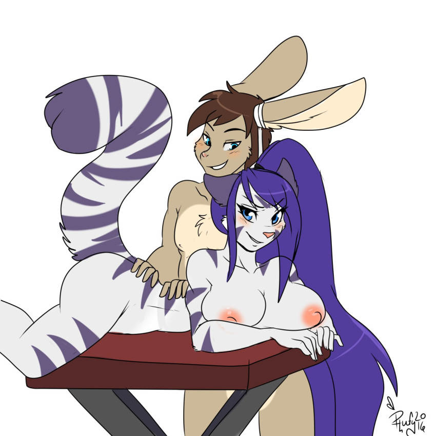 anthro big_breasts blush breasts butt felid female hair hi_res lagomorph leporid long_hair male male/female mammal massage massaging phuufy rabbit smile smirk soya_akane tagme uberquest webcomic