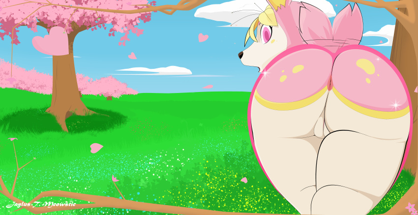 absurd_res anus big_butt butt deerling female feral flower_(anatomy) generation_5_pokemon genitals grassy_field hi_res jaylus_t_meowstic nintendo plant pokemon pokemon_(species) presenting pussy signature solo spring_deerling surprise surprised_expression tree wallpaper