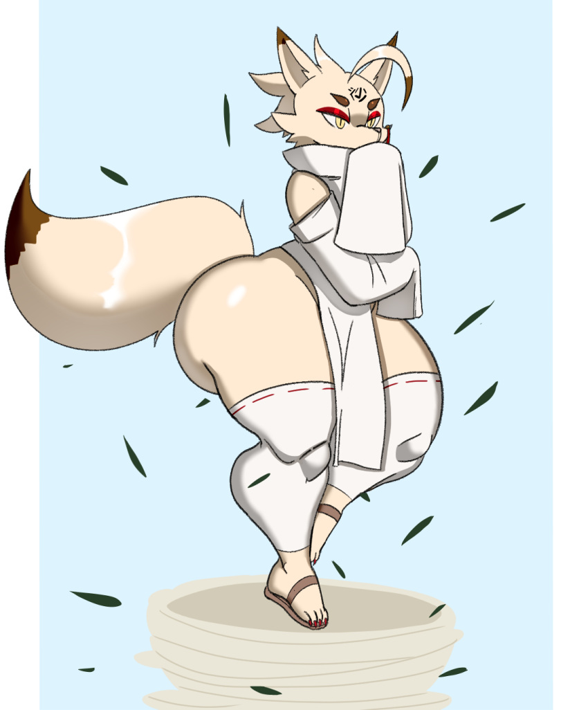 anthro big_butt biped butt canid canine cherryfox73 clothed clothing eyebrows fox fur hair hi_res k'draws leaf male mammal simple_background solo thick_thighs whirlwind white_body white_fur yellow_eyes