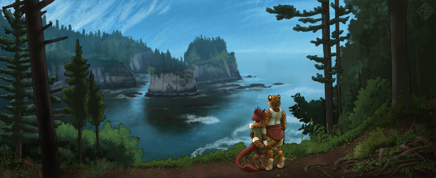 absurd_res anthro clothed clothing duo embrace felid female forest garu_cawbold hi_res hug kobold krinn landscape male mammal outside pantherine pebblemakes plant pnw sea tiger tree water