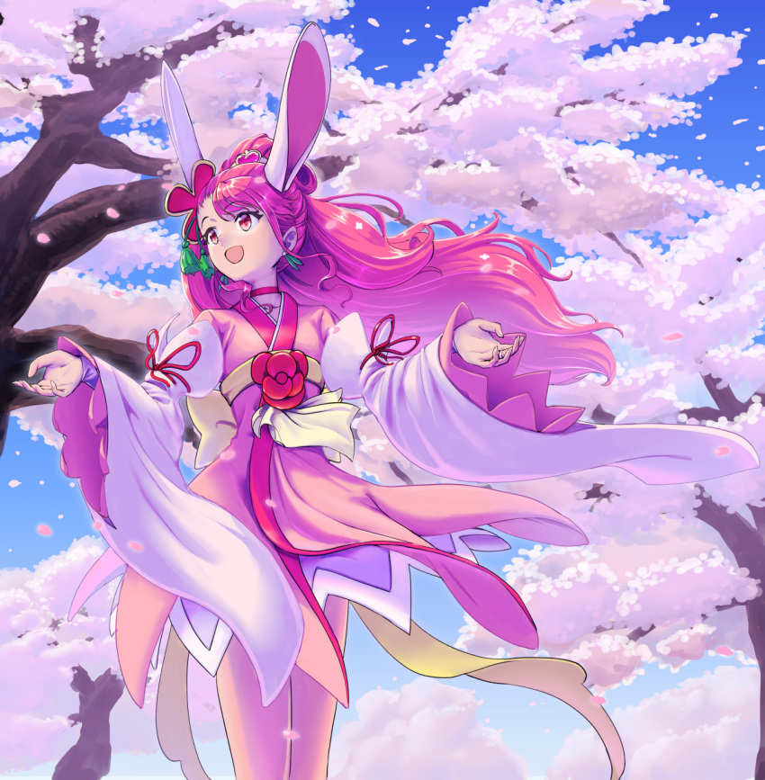1girl animal_ears cherry_blossoms choker collarbone cure_grace cure_grace_(partner_form) day detached_sleeves dress floating_hair hair_ornament healin'_good_precure heart heart_hair_ornament highres long_hair long_sleeves open_mouth outdoors pink_dress precure rabbit_ears red_choker red_eyes red_hair shiny shiny_hair shrimp1634 solo spring_(season) standing very_long_hair white_sleeves wide_sleeves
