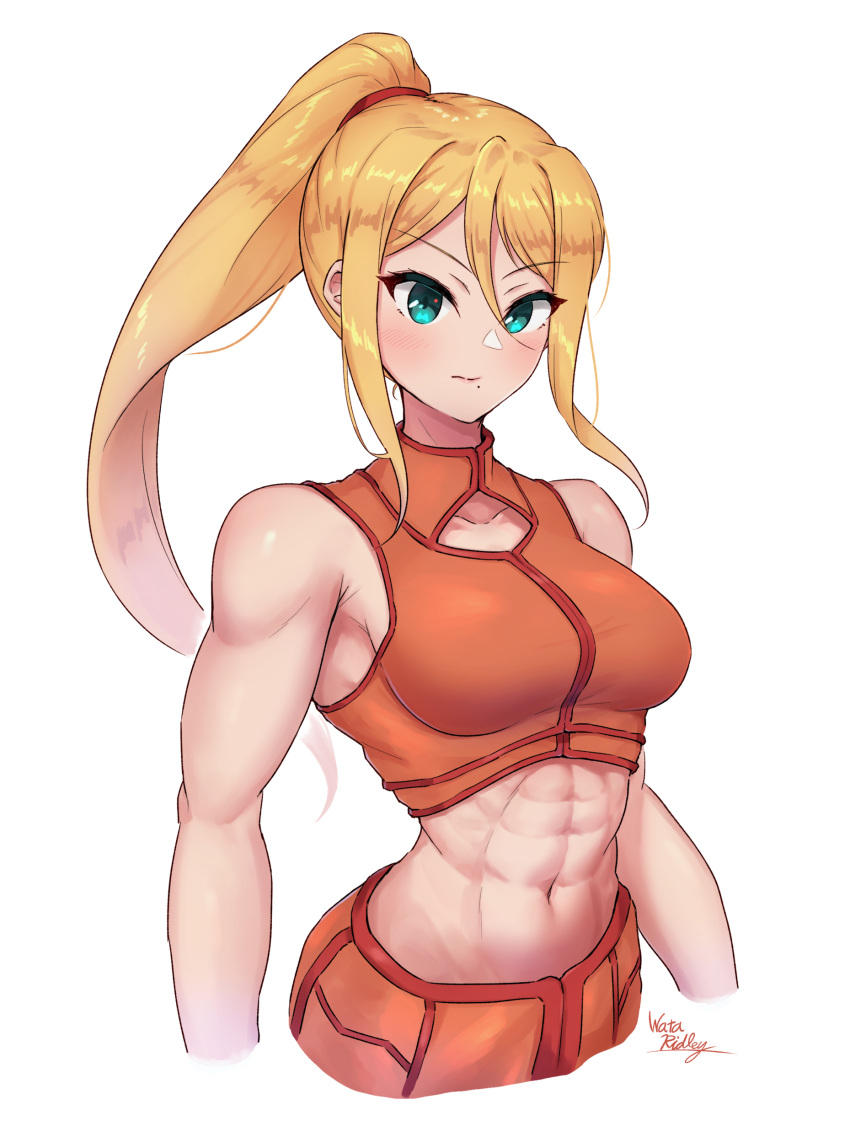 1girl abs absurdres artist_name bangs bare_arms bare_shoulders biceps blonde_hair blue_eyes blush breasts caucasian cleavage closed_mouth collarbone cowboy_shot crop_top cropped_legs hair_between_eyes hair_ornament highres large_breasts long_hair looking_at_viewer medium_breasts metroid metroid_(classic) metroid_prime midriff muscular muscular_female navel obliques ponytail samus_aran sidelocks signature simple_background solo sports_bra standing stomach tank_top thighs toned upper_body wakaba_(wata_ridley) white_background