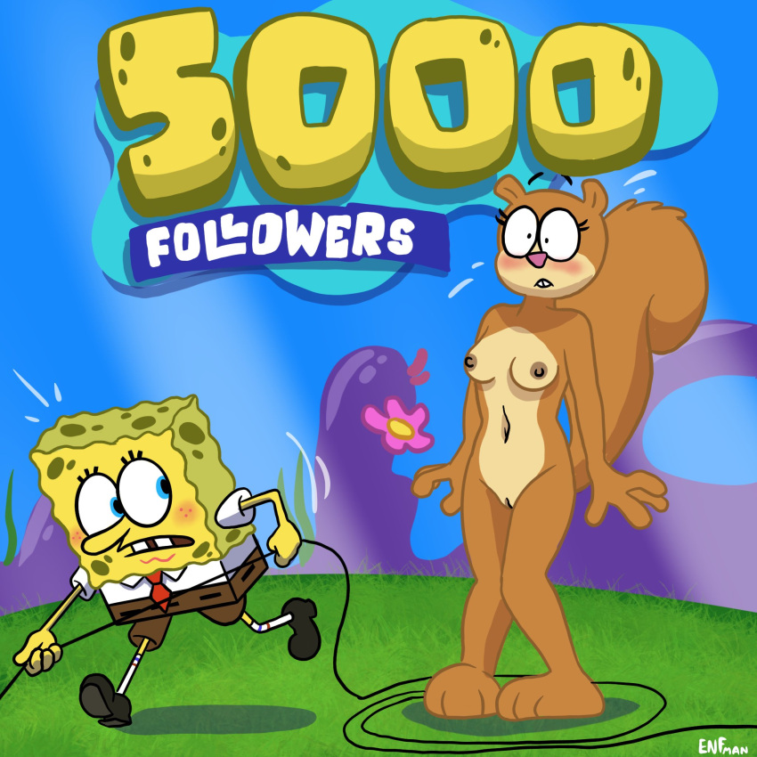 anthro areola blue_background blue_eyes blush breasts brown_areola brown_body brown_fur brown_nipples buckteeth clothed clothing duo eyelashes female flower fur genitals hi_res male mammal marine navel nickelodeon nipples nude plant pussy rodent sandy_cheeks sciurid sea_sponge simple_background spongebob_squarepants spongebob_squarepants_(character) tan_body tan_fur teeth text theenfman tree_squirrel yellow_body