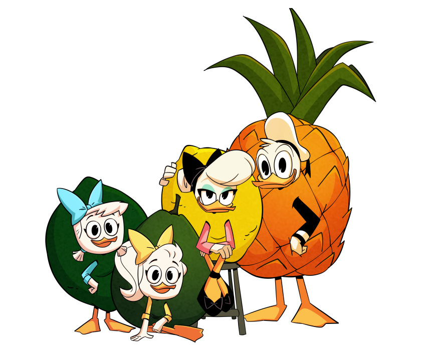 absurd_res anatid anseriform anthro avian avocado avocado_costume bird clothing costume daisy_duck disney donald_duck duck female food food_costume fruit group hi_res june_duck khionyohannmendoza kigtoons lemon lemon_costume lime lime_costume male may_duck pineapple pineapple_costume plant