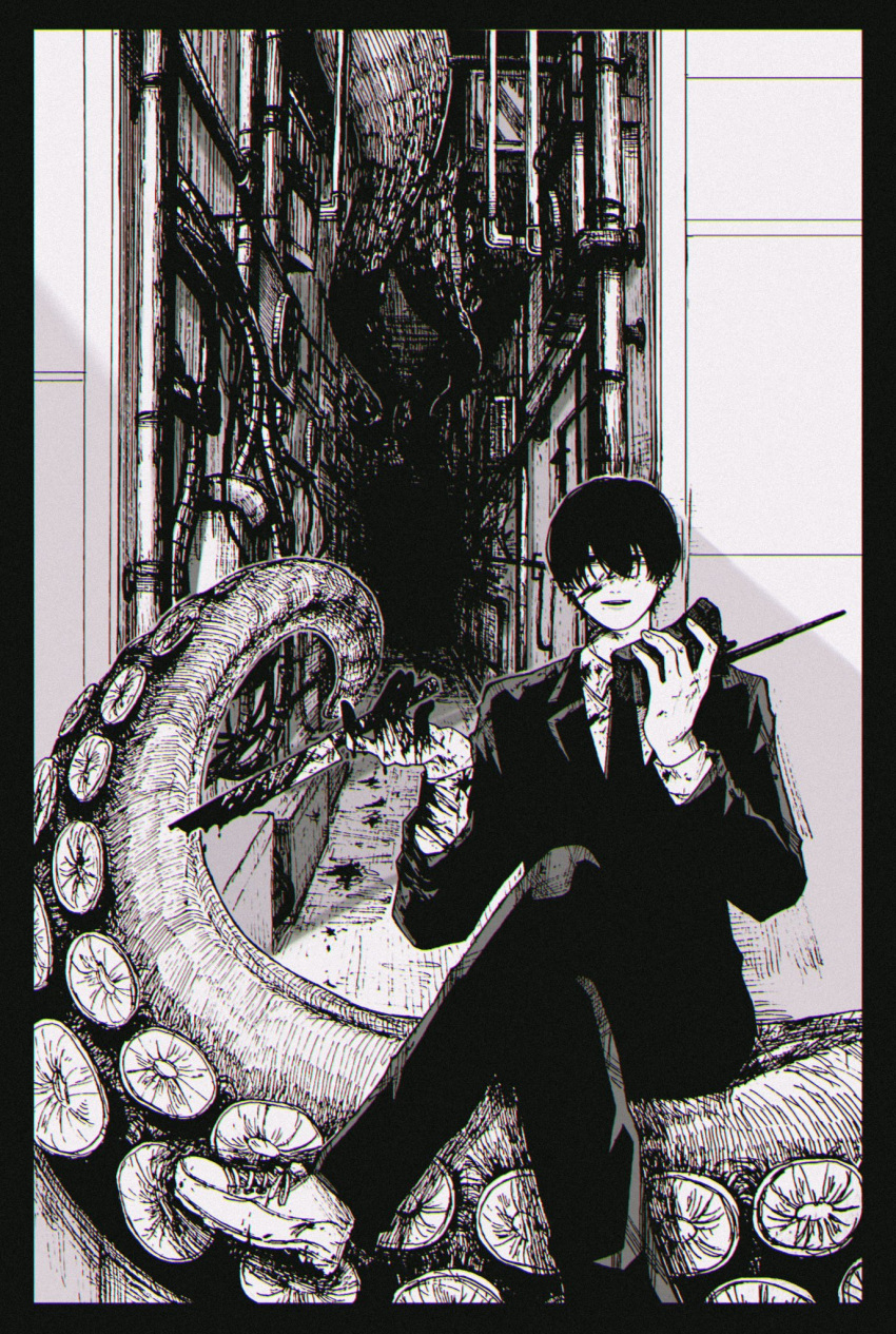 1boy alley black_hair black_jacket black_necktie black_pants blood blood_on_clothes blood_on_face blood_on_weapon chainsaw_man collared_shirt crossed_legs dark formal greyscale hair_over_eyes highres holding holding_knife holding_weapon jacket knife looking_at_viewer monochrome necktie octopus_devil_(chainsaw_man) open_mouth pants poyotapoyopoyo shirt shirt_tucked_in short_hair sitting_on_tentacle smile suit suit_jacket tentacles walkie-talkie weapon white_shirt yoshida_hirofumi