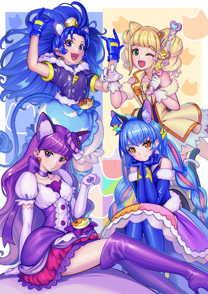 4girls :d ;d animal_ears arm_strap blonde_hair blue_eyes blue_gloves blue_hair blue_headwear blue_pantyhose blue_skirt boots cat_ears cat_tail choker closed_mouth cure_cosmo cure_gelato cure_macaron cure_sparkle elbow_gloves fake_animal_ears fur-trimmed_gloves fur_trim gloves green_eyes hat healin'_good_precure high_heel_boots high_heels highres kirakira_precure_a_la_mode layered_skirt lion_ears looking_at_viewer mini_hat miniskirt multicolored_clothes multicolored_hair multicolored_skirt multiple_girls nyatoran_(precure) one_eye_closed open_mouth pantyhose paw_pose pink_hair precure purple_choker purple_eyes purple_footwear purple_hair purple_skirt red_skirt short_sleeves shrimp1634 sitting skirt smile star_twinkle_precure tail thigh_boots white_gloves white_skirt yellow_choker yellow_eyes