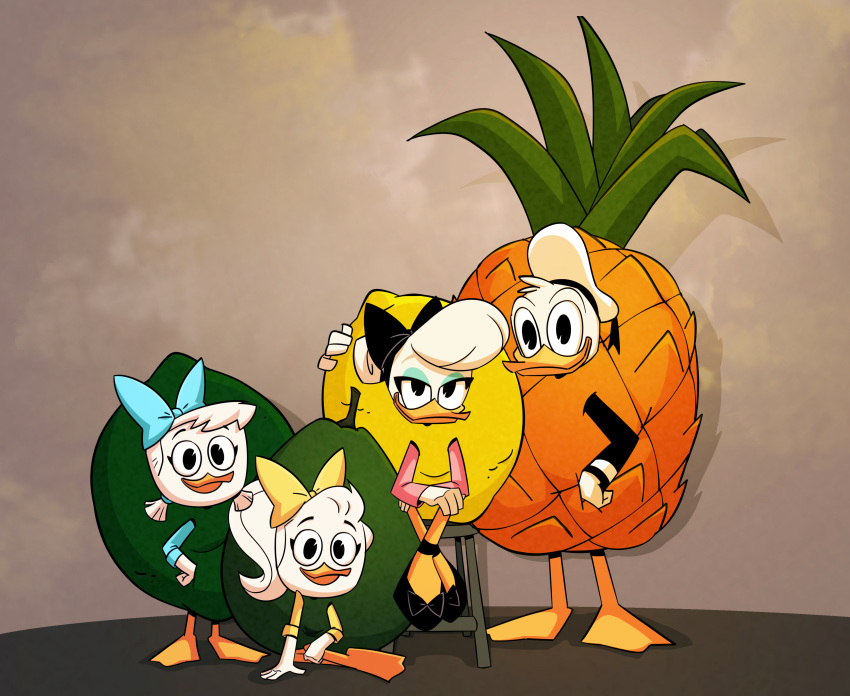 absurd_res anatid anseriform anthro avian avocado avocado_costume bird clothing costume daisy_duck disney donald_duck duck female food food_costume fruit group hi_res june_duck khionyohannmendoza kigtoons lemon lemon_costume lime lime_costume male may_duck pineapple pineapple_costume plant