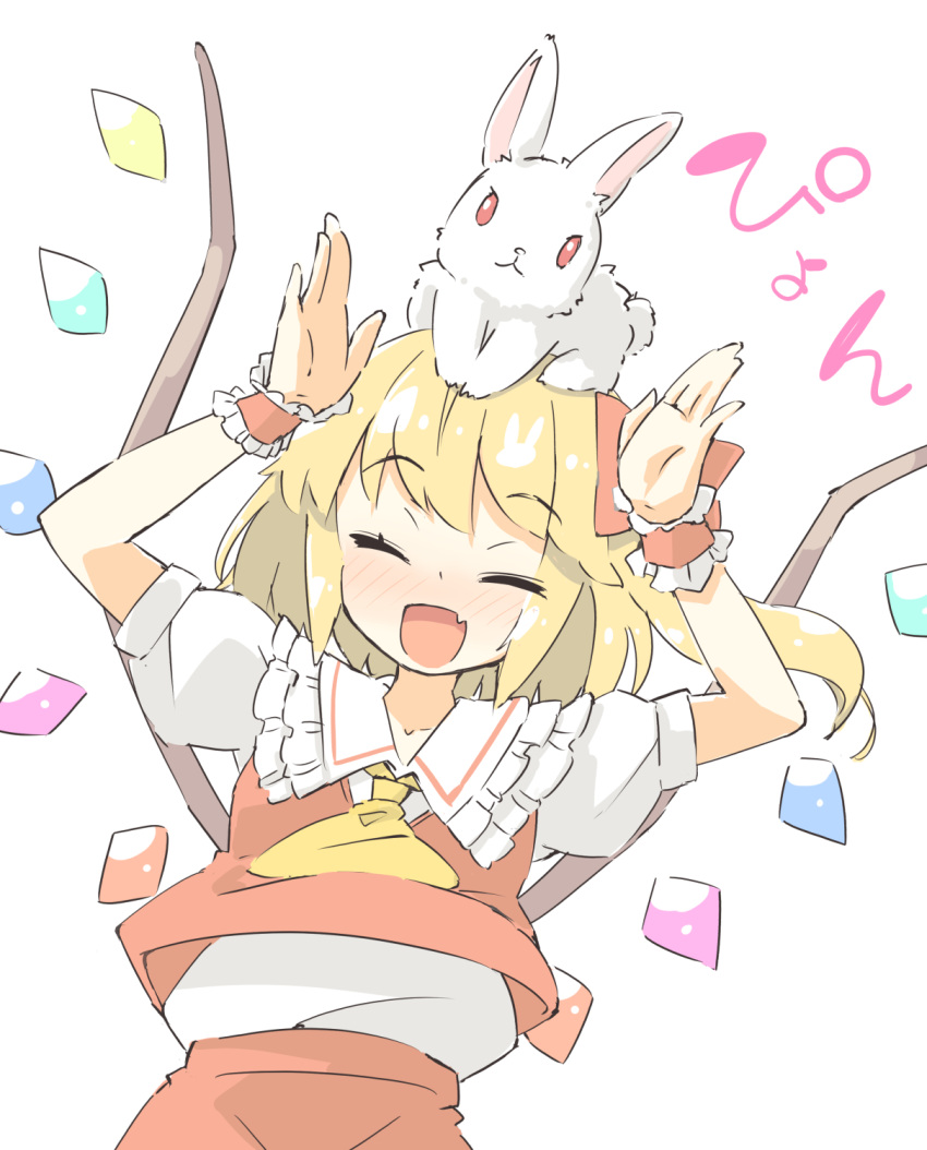 1girl ^_^ ^o^ animal animal_on_head arms_up arnest ascot bangs blonde_hair blush bow bunny_pose closed_eyes collarbone crystal facing_viewer fang flandre_scarlet floating_hair frilled_cuffs frilled_shirt_collar frills hair_bow happy highres on_head one_side_up open_mouth puffy_short_sleeves puffy_sleeves rabbit rabbit_on_head rainbow_order red_bow red_skirt red_vest shiny shiny_hair shirt shirt_tucked_in short_hair short_sleeves simple_background skin_fang skirt skirt_set solo sound_effects touhou upper_body vest white_background white_shirt white_sleeves wing_collar wings wrist_cuffs yellow_ascot