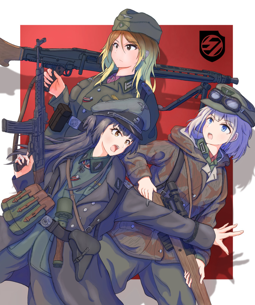 3girls alternate_costume alternate_hair_color ammunition_pouch artist_logo assault_rifle bag1945 bangs belt belt_buckle belt_pouch bipod black_belt black_hair black_ribbon blonde_hair blue_eyes border brown_eyes buckle buttons camouflage camouflage_jacket closed_mouth coat collar_tabs collared_shirt cross cuff_title epaulettes explosive feldgrau garrison_cap general_purpose_machine_gun gewehr_43 goggles goggles_on_headwear gradient_hair grenade grey_coat grey_headwear grey_jacket grey_pants gun hair_between_eyes hat hat_ornament highres holding holding_gun holding_weapon holster hood hood_down hooded_jacket idolmaster idolmaster_shiny_colors insignia iron_cross izumi_mei jacket light_brown_hair long_hair long_sleeves looking_ahead looking_to_the_side m43_field_cap machine_gun mayuzumi_fuyuko mg42 military military_hat military_jacket military_uniform multicolored_clothes multicolored_hair multicolored_jacket multicolored_ribbon multiple_girls officer open_clothes open_coat open_mouth optical_sight outside_border over_shoulder pants peaked_cap pink_shirt pocket pouch purple_hair red_background red_ribbon red_shirt reichsadler ribbon rifle scope serizawa_asahi shadow shirt short_hair simple_background skull_hat_ornament sling soldier ss_insignia stg44 stick_grenade stielhandgranate straylight_(idolmaster) suspenders teeth totenkopf uniform upper_body upper_teeth_only waffen-ss weapon weapon_over_shoulder wehrmacht white_border white_hair white_ribbon world_war_ii