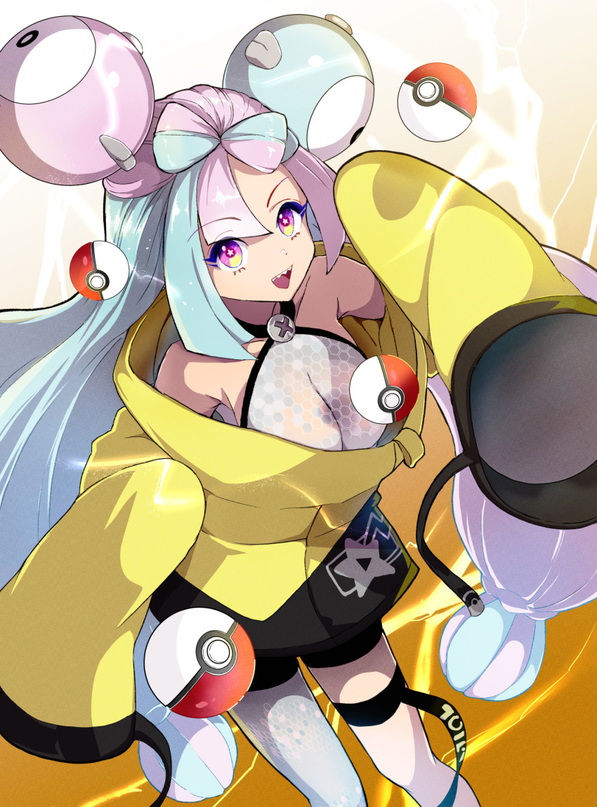 1girl :d bangs black_shorts character_hair_ornament commentary_request electricity green_hair hair_ornament highres iono_(pokemon) jacket long_hair multicolored_hair open_mouth pink_hair poke_ball poke_ball_(basic) pokemon pokemon_(game) pokemon_sv purple_eyes shirt shorts single_leg_pantyhose sleeveless sleeveless_shirt sleeves_past_fingers sleeves_past_wrists smile solo star_(symbol) star_print teeth thigh_strap toiro_gawon tongue twintails two-tone_hair upper_teeth_only yellow_jacket