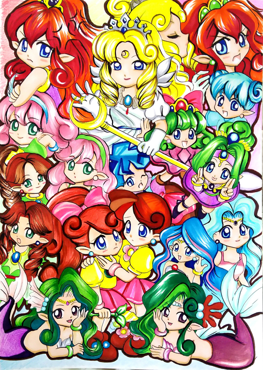 6+girls absurdres blonde_hair blue_eyes blue_hair brown_hair character_request elias_(panel_de_pon) fairy flare_(panel_de_pon) green_eyes green_hair hair_ribbon highres jewelry lip_(panel_de_pon) long_hair looking_at_viewer multiple_girls neris_(panel_de_pon) panel_de_pon pink_hair pointy_ears ponytail red_hair respect-wiz-msm ribbon sherbet_(panel_de_pon) siren_(mythology) teana_(panel_de_pon) traditional_media windy_(panel_de_pon)