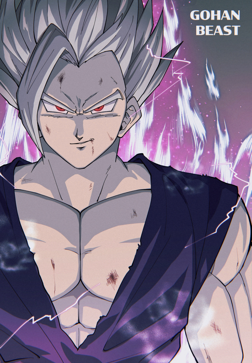 1boy abs absurdres aura battle_damage character_name closed_mouth commentary_request dragon_ball dragon_ball_super dragon_ball_super_super_hero electricity glasses gohan_beast grey_hair highres looking_at_viewer male_focus muscular muscular_male naraku_(zg8w5) red_eyes smile solo son_gohan spiked_hair upper_body