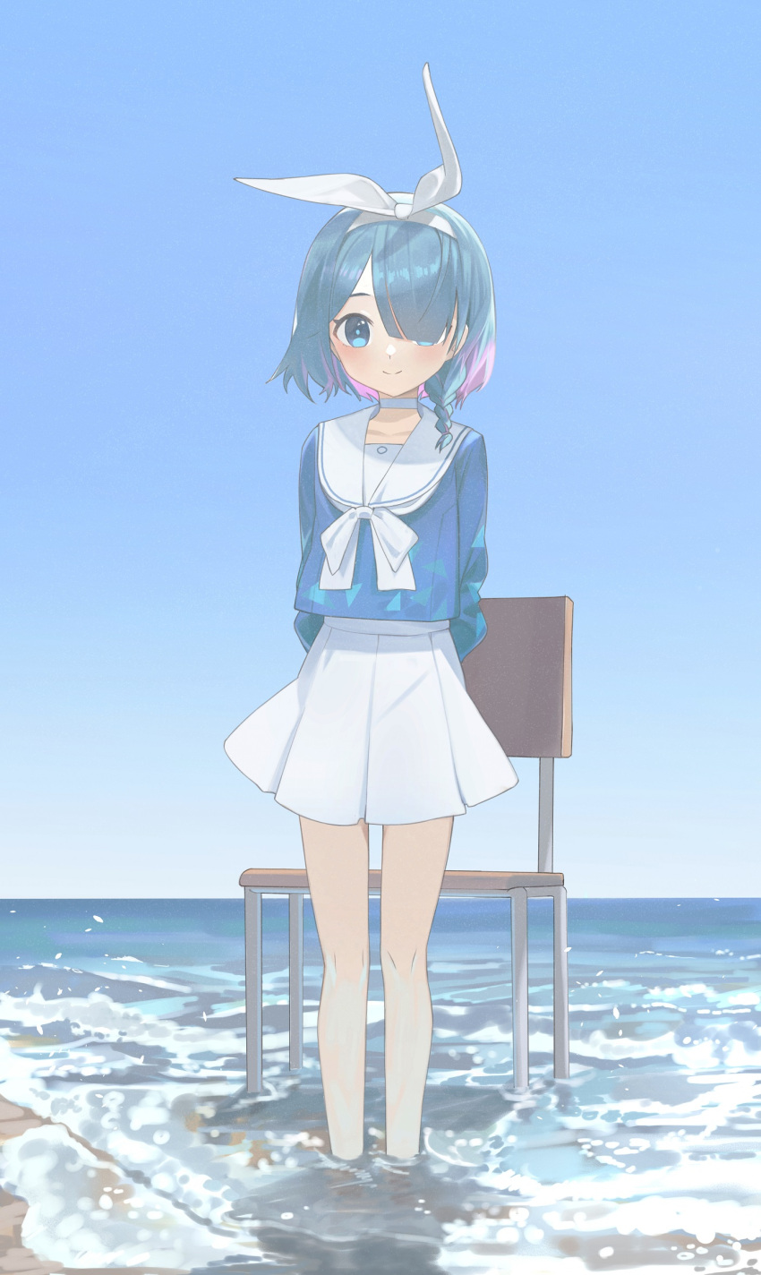 1girl arms_behind_back arona_(blue_archive) bad_id bad_pixiv_id bangs blue_archive blue_eyes blue_hair blue_shirt blue_sky bow braid chair choker closed_mouth collarbone commentary darkzmonsty day english_commentary hair_over_one_eye hair_ribbon hairband highres horizon long_sleeves multicolored_hair ocean outdoors pink_hair pleated_skirt puffy_long_sleeves puffy_sleeves ribbon sailor_collar shirt skirt sky smile solo standing two-tone_hair wading water white_bow white_choker white_hairband white_ribbon white_sailor_collar white_skirt