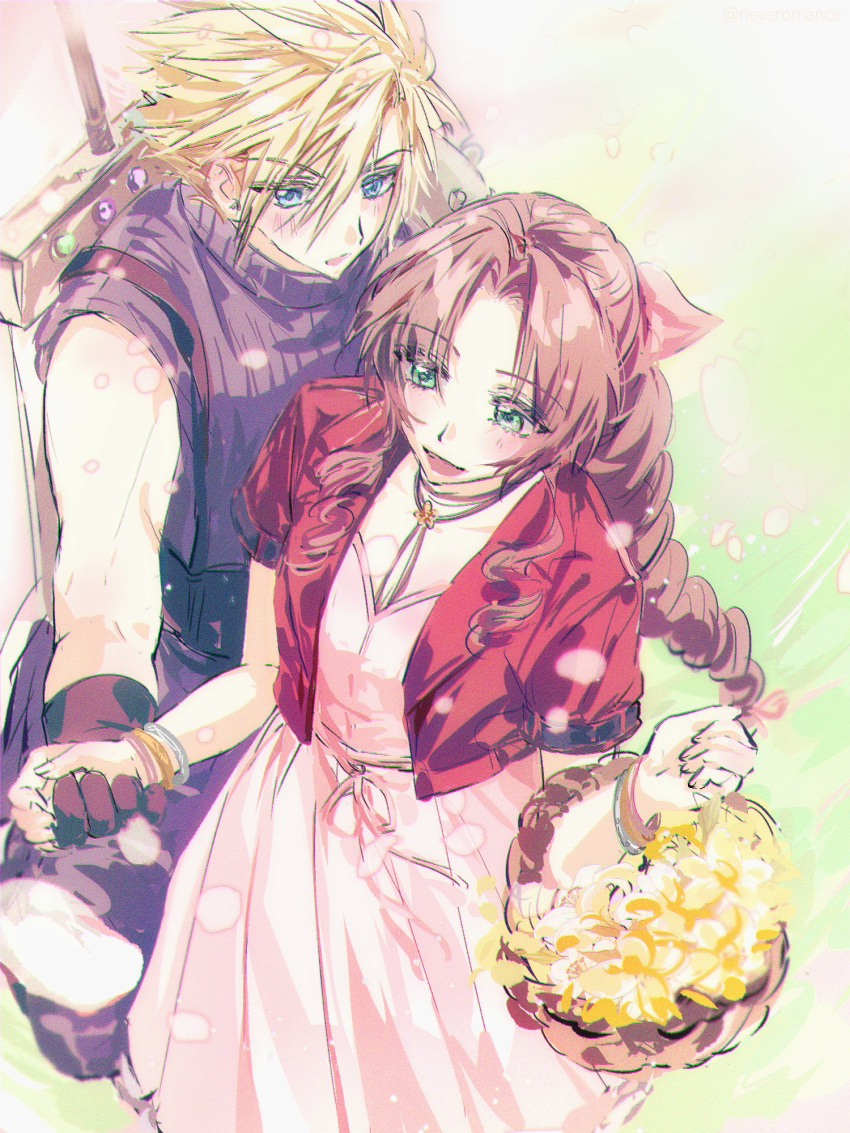 1boy 1girl aerith_gainsborough armor bangle bangs basket blonde_hair blue_eyes blue_shirt blush bracelet braid braided_ponytail breasts brown_gloves brown_hair buster_sword choker cloud_strife cowboy_shot cropped_jacket dress final_fantasy final_fantasy_vii final_fantasy_vii_remake flower_basket flower_choker gloves green_eyes hair_between_eyes hair_ribbon highres holding holding_basket holding_hands jacket jewelry long_dress long_hair materia neveromance open_mouth outdoors parted_bangs parted_lips pink_dress pink_ribbon red_jacket ribbon shirt short_hair short_sleeves shoulder_armor sidelocks single_bare_shoulder sketch sleeveless sleeveless_turtleneck smile spiked_hair suspenders turtleneck weapon weapon_on_back