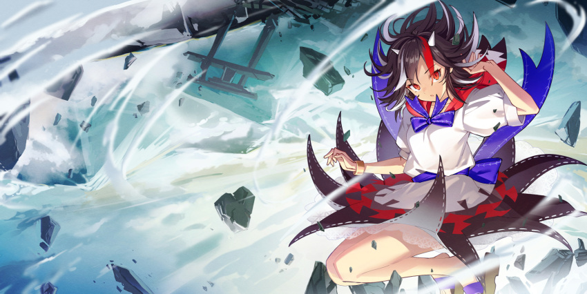 1girl black_hair blue_bow bow bowtie bracelet cibo_(killy) highres horns jewelry kijin_seija looking_at_viewer multicolored_hair puffy_short_sleeves puffy_sleeves red_eyes red_hair sandals short_sleeves solo streaked_hair torii touhou upside-down waist_bow white_hair wind wind_lift