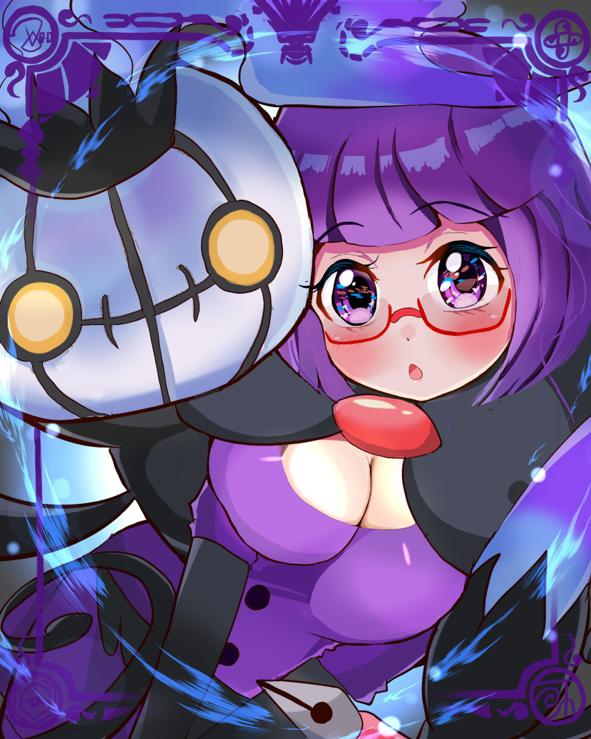 1girl absurdres bangs blunt_bangs bob_cut breasts chandelure cleavage collarbone dress elbow_gloves glasses gloves highres large_breasts long_sleeves lop_shauntal2 pokemon pokemon_(creature) pokemon_(game) pokemon_bw pokemon_bw2 purple_dress purple_eyes purple_hair purple_skirt round_eyewear shauntal_(pokemon) short_dress short_hair skirt