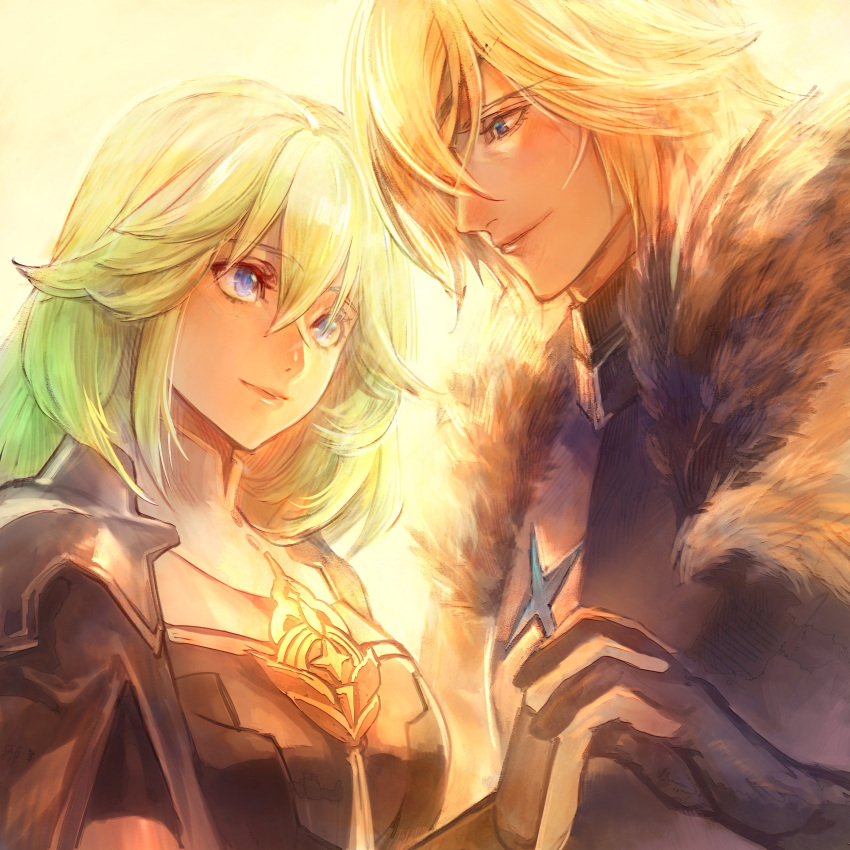 1boy 1girl absurdres armor black_gloves blonde_hair blue_eyes breasts byleth_(fire_emblem) byleth_(fire_emblem)_(female) cloak dimitri_alexandre_blaiddyd eyepatch fire_emblem fire_emblem:_three_houses fur-trimmed_cloak fur_trim gloves green_hair hair_between_eyes hair_over_one_eye highres holding_hands interlocked_fingers kin_mokusei long_hair looking_at_another medium_breasts medium_hair shoulder_armor smile upper_body