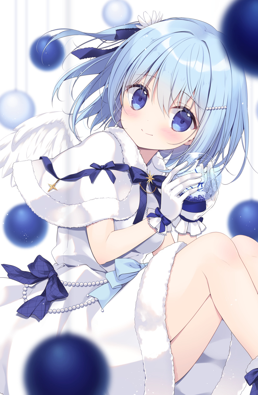 1girl bangs blue_bow blue_eyes blue_hair blurry blurry_background blurry_foreground blush bow breasts capelet closed_mouth commentary_request depth_of_field dress feet_out_of_frame flower fur-trimmed_capelet fur-trimmed_dress fur_trim gloves hair_between_eyes hair_bow hair_flower hair_ornament hairclip highres holding knees_up miyasaka_miyu one_side_up orb original sitting small_breasts smile solo white_background white_capelet white_dress white_flower white_gloves