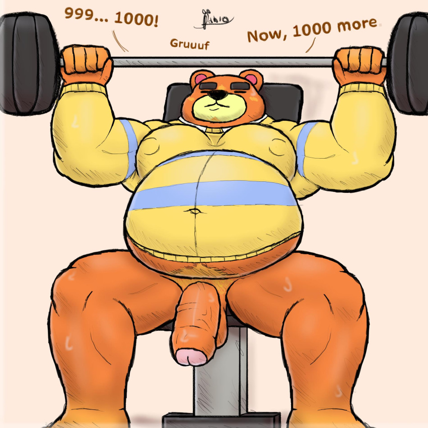 1:1 alanottaviano animal_crossing anthro barazoku barbell bear belly bottomless bottomless_male brown_bear brown_body brown_fur clothed clothing exercise fur genitals hi_res male mammal musclegut muscular muscular_male nintendo overweight overweight_male penis solo teddy_(animal_crossing) ursine weightlifting workout