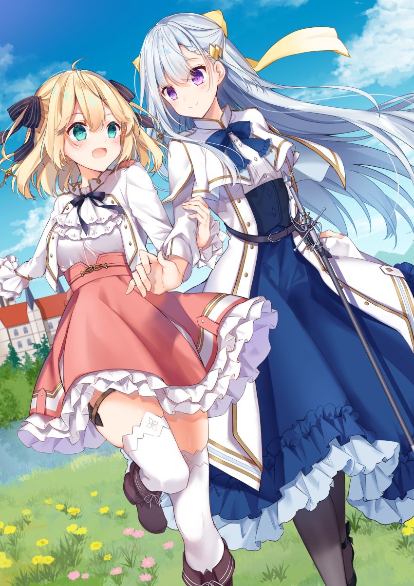 2girls :d absurdres ahoge anisphia_wynn_palettia ankle_strap aqua_eyes ascot asymmetrical_bangs bangs belt belt_buckle black_belt black_footwear black_pantyhose black_ribbon blonde_hair blue_bow blue_bowtie blue_hair blue_skirt blue_sky blush boots bow bowtie braid brown_footwear buckle building capelet closed_mouth cloud cloudy_sky coat cropped_jacket dagger day dutch_angle euphyllia_magenta eye_contact eyes_visible_through_hair floating_hair flower foot_out_of_frame frilled_ascot frilled_skirt frilled_sleeves frills grass hair_behind_ear hair_between_eyes hair_bow hair_ornament hairclip half_updo hand_on_another's_arm hand_up high-waist_skirt high_collar highres holding_another's_arm jacket kisaragi_yuri knife large_bow leg_up light_blue_hair long_hair long_skirt long_sleeves looking_at_another looking_to_the_side multiple_girls neck_ribbon official_art open_clothes open_coat open_jacket open_mouth outdoors outstretched_arm pantyhose petticoat pink_flower pink_skirt purple_eyes ribbon river scenery shiny shiny_skin shirt shirt_tucked_in shoelaces short_hair side_braid single_braid skindentation skirt skirt_hold sky smile split_mouth striped striped_ribbon tensei_oujo_to_tensai_reijou_no_mahou_kakumei thick_eyelashes thigh_strap thighhighs two_side_up underbust vertical_stripes walking water weapon white_ascot white_capelet white_coat white_hair white_jacket white_shirt white_thighhighs yellow_bow yellow_flower zettai_ryouiki