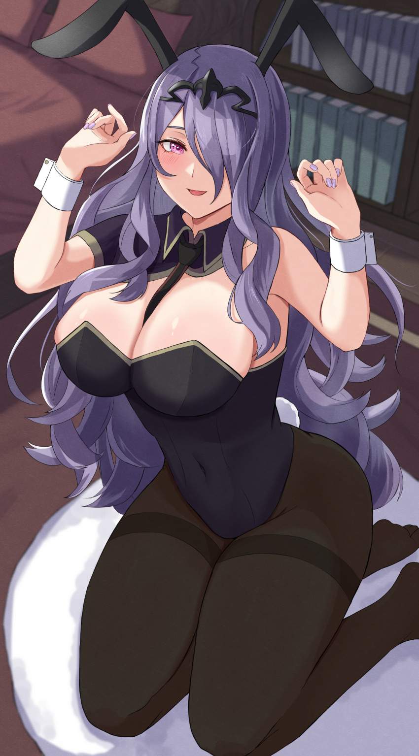 1girl :d absurdres animal_ears bare_shoulders black_leotard black_pantyhose blush breasts camilla_(fire_emblem) covered_navel detached_collar fake_animal_ears fake_tail fire_emblem fire_emblem_fates hair_over_one_eye highres kneeling large_breasts leotard long_hair looking_at_viewer pantyhose peli_cantaro playboy_bunny purple_eyes purple_hair purple_nails rabbit_ears rabbit_tail smile solo strapless strapless_leotard tail thighband_pantyhose very_long_hair wavy_hair wrist_cuffs