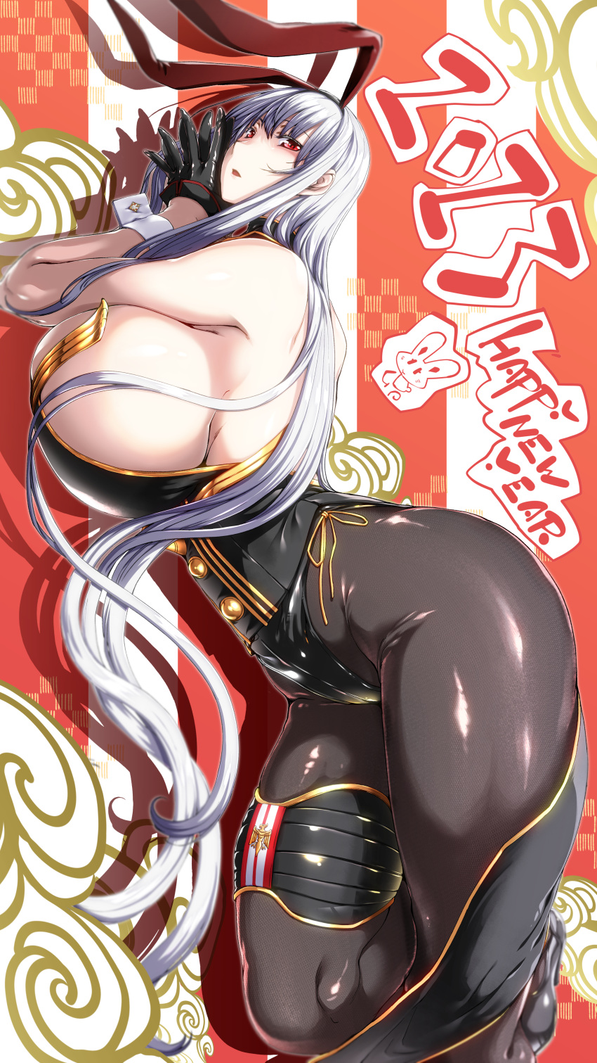 1girl absurdres animal_ears bangs bare_shoulders black_gloves black_leotard breasts chinese_zodiac ebido gloves half_gloves happy_new_year highres huge_breasts leotard long_hair lying on_stomach pale_skin pantyhose rabbit_ears red_eyes selvaria_bles senjou_no_valkyria_(series) senjou_no_valkyria_1 sideboob solo thigh_strap wrist_cuffs year_of_the_rabbit