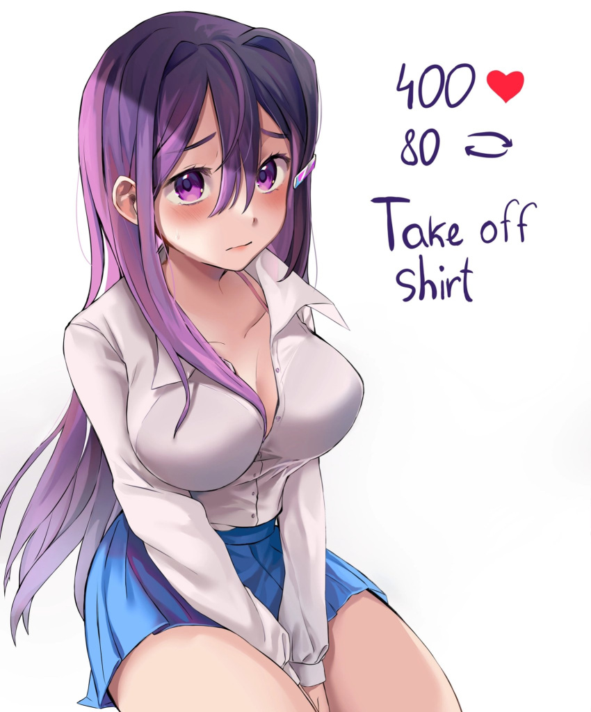 1girl between_legs blue_skirt blush bra_strap breasts cleavage closed_mouth collarbone collared_shirt commentary doki_doki_literature_club english_commentary english_text hair_between_eyes hair_ornament hair_over_breasts hairclip hand_between_legs highres large_breasts long_hair long_sleeves machulanko meme miniskirt partially_unbuttoned pleated_skirt purple_eyes purple_hair shirt shirt_tucked_in simple_background sitting skirt solo sweatdrop thighs twitter_strip_game_(meme) white_background white_shirt yuri_(doki_doki_literature_club)