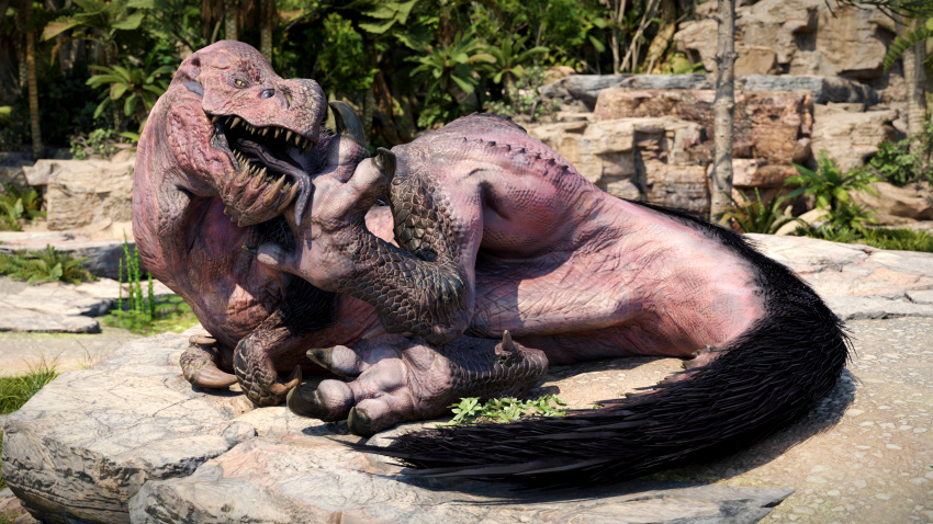 16:9 3d_(artwork) 4k absurd_res ambiguous_gender anjanath black_hair brute_wyvern capcom claws detailed_background digital_media_(artwork) dinosaur feet feral foot_fetish foot_focus foot_lick foot_play hair half-closed_eyes hi_res ivorylagiacrus licking looking_at_viewer lying monster_hunter narrowed_eyes on_side open_mouth outside palm_tree personal_grooming plant presenting pubic_boot pupils red_body red_scales reptile scales scalie sharp_claws sharp_teeth slit_pupils solo teeth theropod thick_thighs toe_claws toes tongue tongue_out tree widescreen yellow_eyes