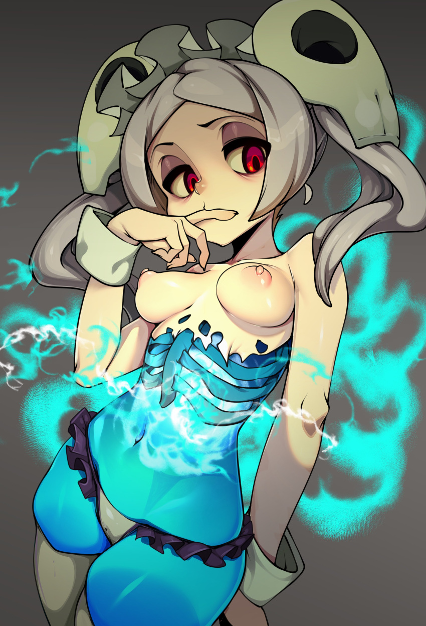 1girl absurdres bloody_marie_(skullgirls) breasts cleavage commentary english_commentary finger_to_mouth fingernails gradient gradient_background grey_background grey_hair highres looking_at_viewer medium_breasts medium_hair navel nipples red_eyes ribs skullgirls slugbox solo thighs topless twintails