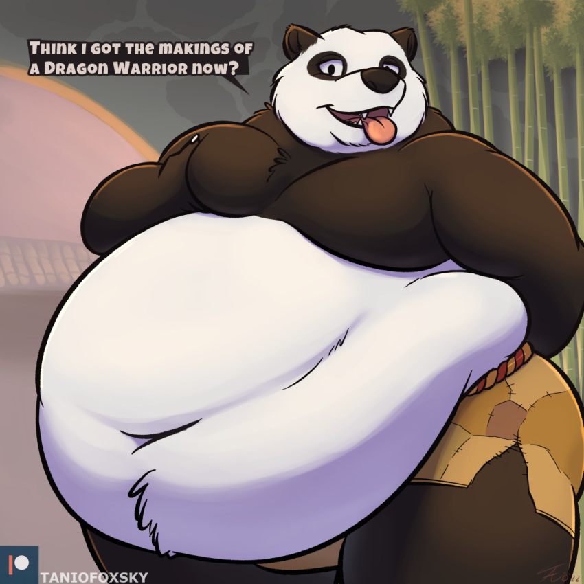 2023 anthro bamboo bamboo_tree bear belly big_belly black_and_white_fur bottomwear clothed clothing dialogue dreamworks fangs fur giant_panda half-closed_eyes hand_behind_back holding_moob kung_fu_panda looking_at_viewer male mammal master_po_ping moob_grab moobs morbidly_obese morbidly_obese_anthro morbidly_obese_male narrowed_eyes navel obese obese_anthro obese_male open_mouth overweight overweight_anthro overweight_male patch_(fabric) patreon plant shirtless shirtless_anthro shirtless_male shorts signature solo standing talking_to_viewer tanio teeth text tongue tongue_out topless topless_anthro topless_male torn_clothing tree