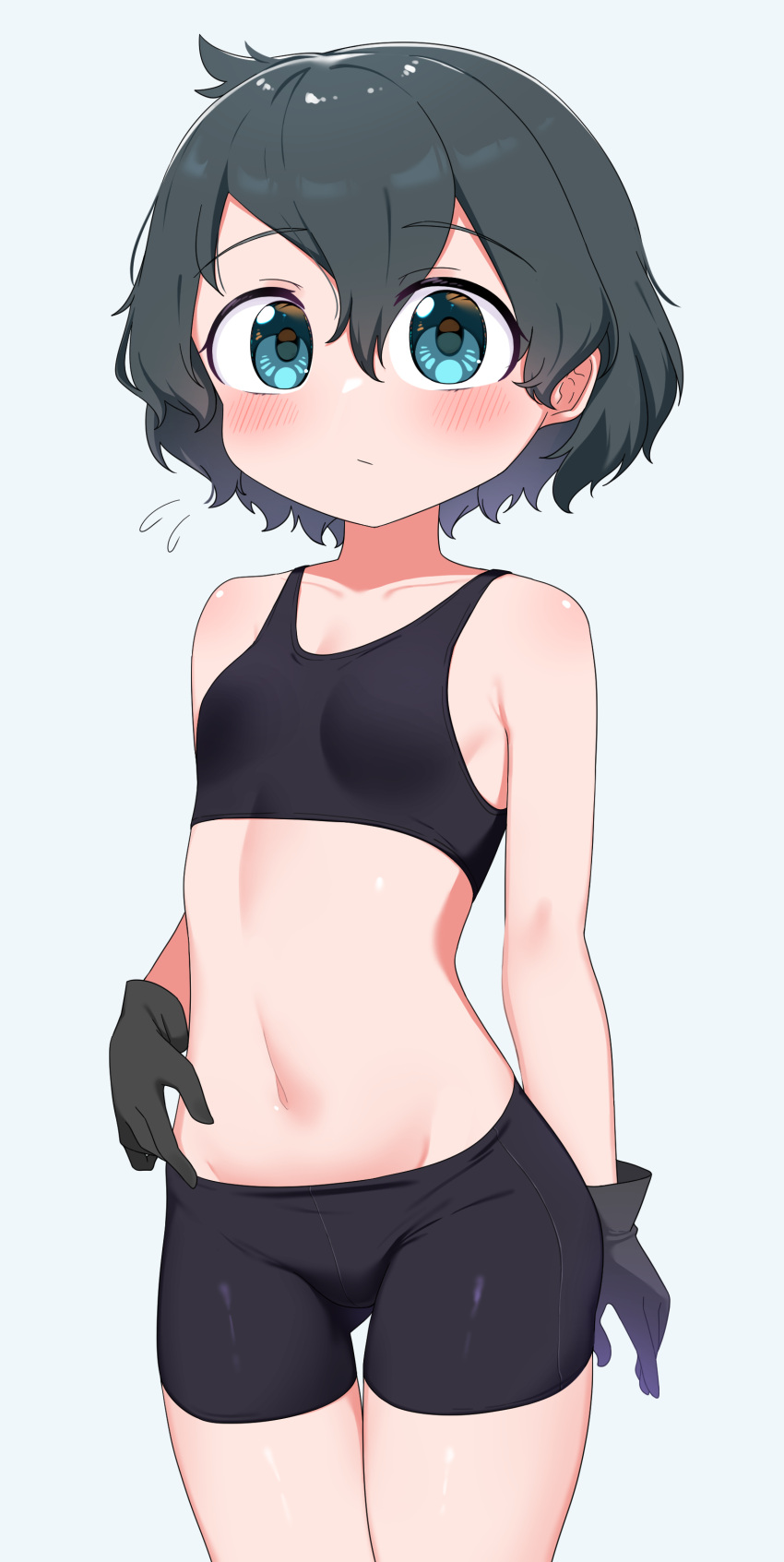 1girl absurdres bangs bike_shorts black_gloves black_hair black_sports_bra blue_eyes blush breasts chis_(js60216) closed_mouth commentary cowboy_shot flying_sweatdrops gloves grey_background groin hand_on_hip highres kaban_(kemono_friends) kemono_friends light_frown looking_at_viewer navel short_hair simple_background small_breasts solo sports_bra sportswear standing thigh_gap