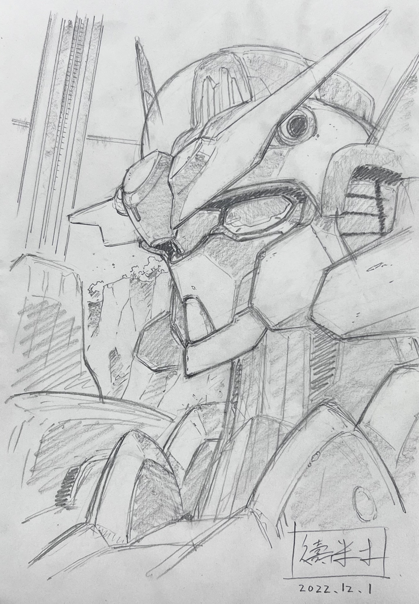 absurdres artist_name dated graphite_(medium) greyscale gundam gundam_aerial gundam_suisei_no_majo highres kusumegi_shin'ya looking_ahead mecha mobile_suit monochrome no_humans portrait robot science_fiction solo traditional_media