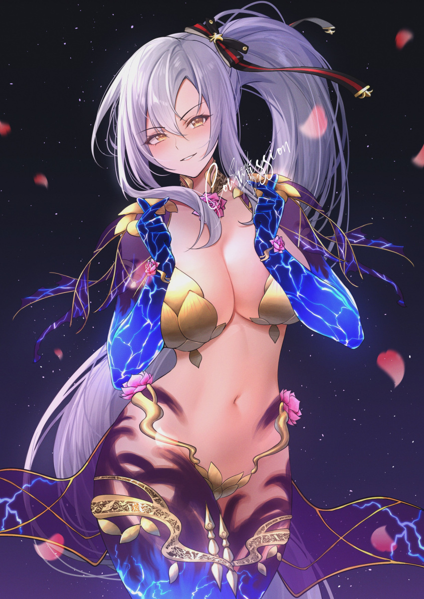 1girl absurdres armor azur_lane bangs bikini_armor body_markings breasts collar crossover drake_(azur_lane) falling_petals fate/grand_order fate_(series) flower gold_armor hair_ribbon highres kama_(fate) kama_(third_ascension)_(fate) large_breasts long_hair looking_at_viewer lotus metal_bikini metal_bra metal_bracelet metal_collar midriff navel petals purple_skirt purple_sleeves red_ribbon ribbon shizuko_hideyoshi simple_background skirt smile thighs yellow_eyes