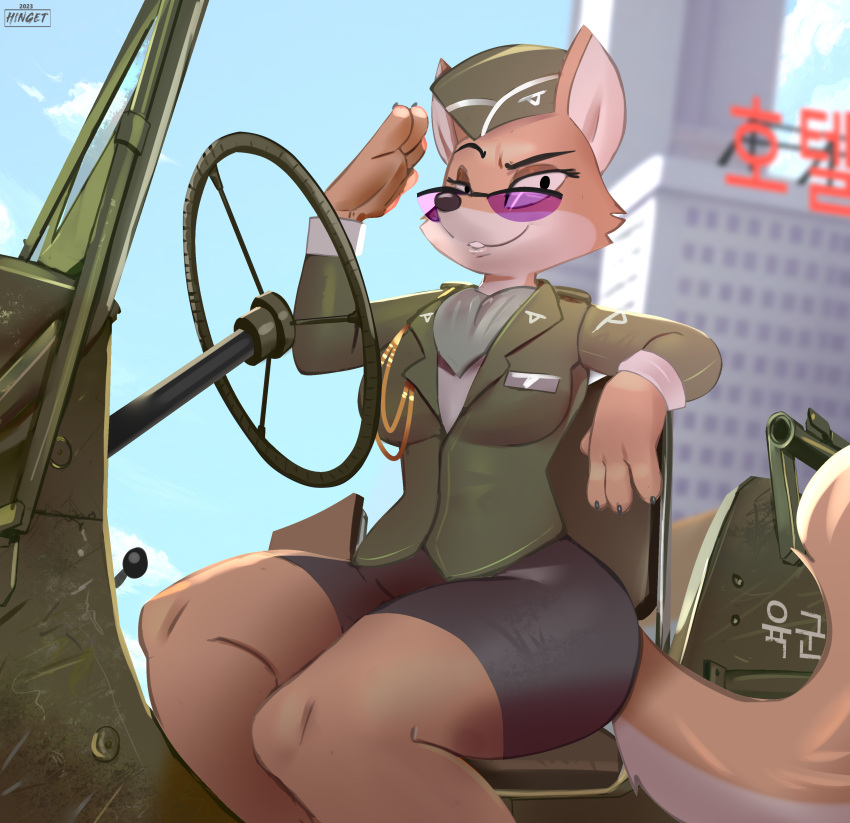 2023 5_fingers absurd_res anthro artist_name building canid canine city clothing digital_media_(artwork) female fingers fox hat headgear headwear hi_res hinget lt._fox_vixen mammal military_uniform sek_studio sitting skyscraper solo squirrel_and_hedgehog steering_wheel uniform vehicle year