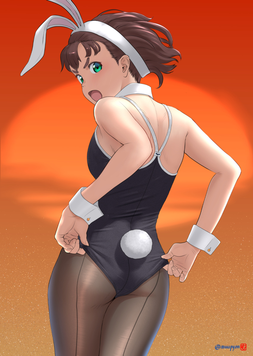 1girl 2023 adjusting_clothes animal_ears ass back bangs bare_arms bare_shoulders black_leotard blush breasts chinese_zodiac cowboy_shot detached_collar fake_animal_ears fake_tail from_behind highres leotard looking_at_viewer looking_back medium_breasts mu-pyon open_mouth original pantyhose playboy_bunny rabbit_ears rabbit_tail simple_background solo tail wrist_cuffs year_of_the_rabbit