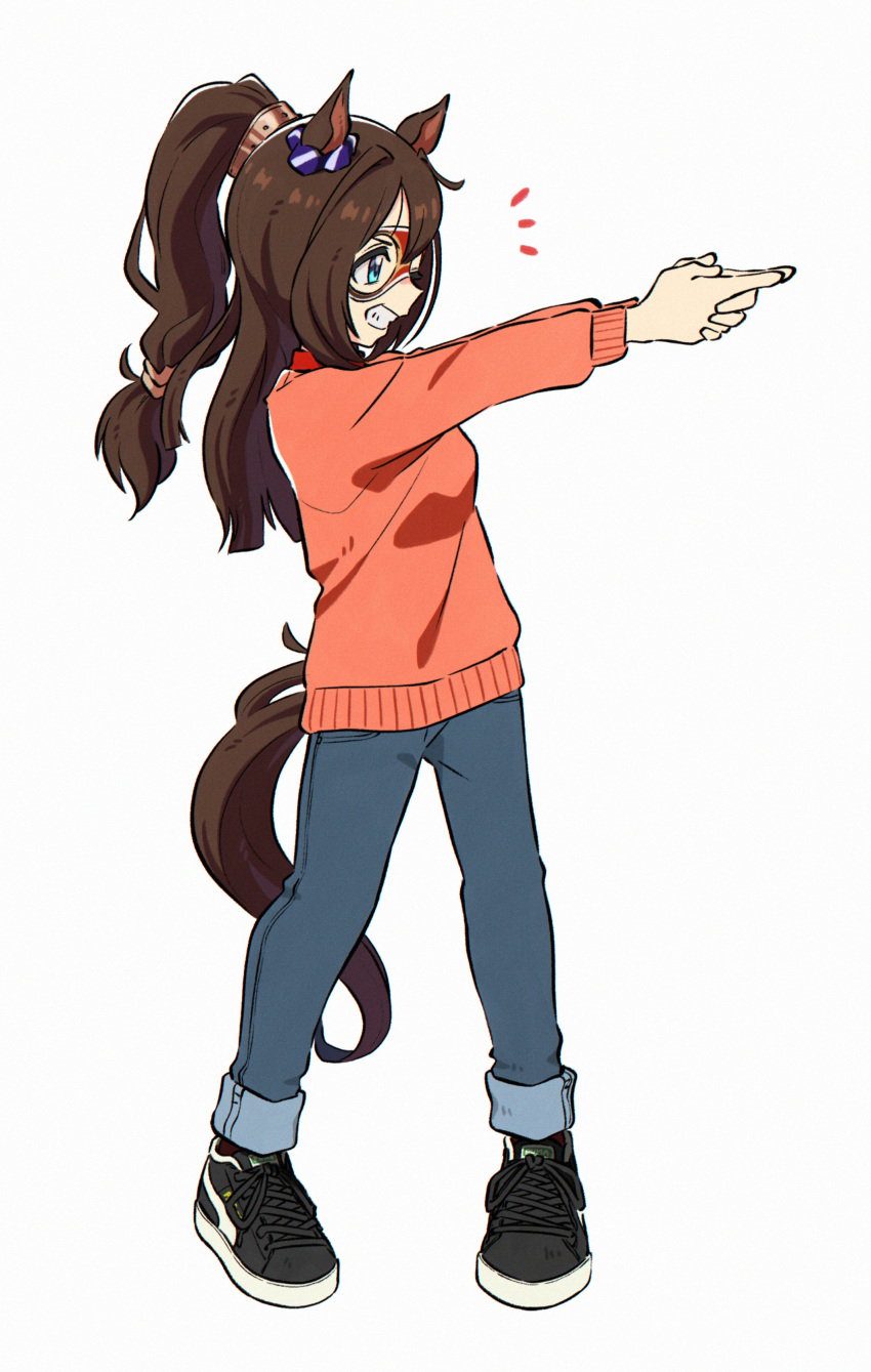 1girl absurdres animal_ears appleq black_footwear blue_eyes blue_pants brown_hair commentary_request el_condor_pasa_(umamusume) eye_mask finger_gun full_body grey_background grin highres horse_ears horse_girl horse_tail looking_away orange_sweater outstretched_arms pants ponytail shoes simple_background smile sneakers solo sweater tail umamusume