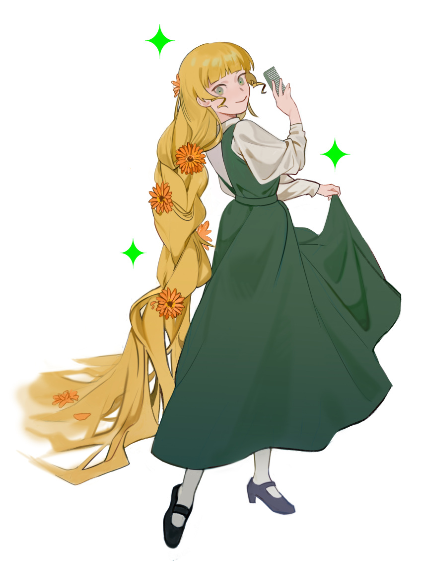 1girl absurdly_long_hair absurdres bangs black_footwear blonde_hair blunt_bangs comb cosplay dress flower full_body green_dress green_eyes hair_flower hair_ornament head_tilt heanna_sumire highres holding holding_comb long_hair love_live! love_live!_superstar!! orange_flower pantyhose rapunzel rapunzel_(grimm) rapunzel_(grimm)_(cosplay) shamayika shirt shoes simple_background smile solo sparkle very_long_hair white_background white_pantyhose white_shirt