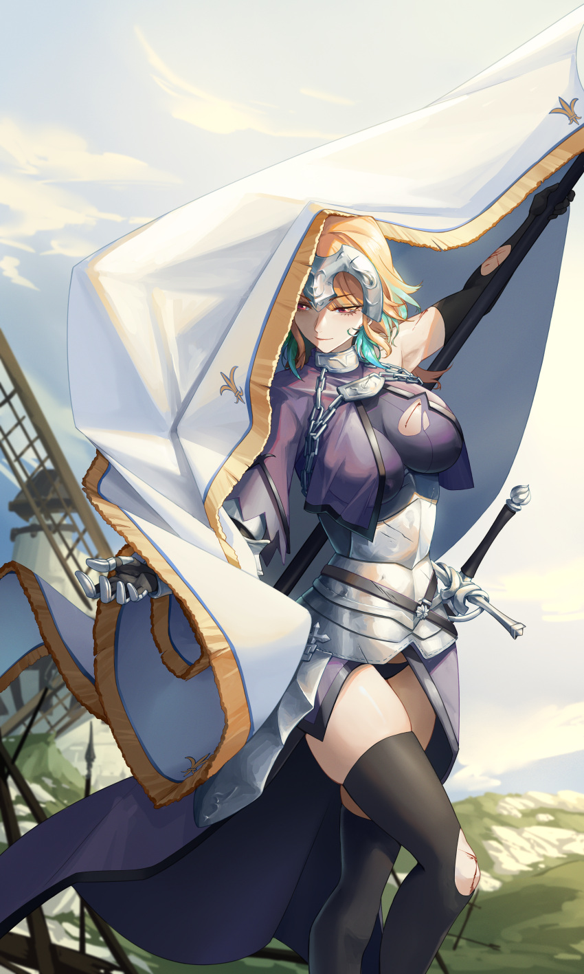 1girl absurdres armor armored_dress banner black_panties black_thighhighs blonde_hair blood blue_hair breasts chain cloud cloudy_sky commission cosplay cy9 day fate/grand_order fate_(series) faulds flag gauntlets gorget gradient_hair headpiece highres holding holding_flag hololive hololive_english jeanne_d'arc_(fate) jeanne_d'arc_(ruler)_(fate) jeanne_d'arc_(ruler)_(fate)_(cosplay) medium_breasts multicolored_hair orange_eyes outdoors panties pixiv_commission plackart scabbard sheath sheathed sky solo standard_bearer standing sword takanashi_kiara thighhighs torn_clothes torn_thighhighs underwear virtual_youtuber weapon windmill